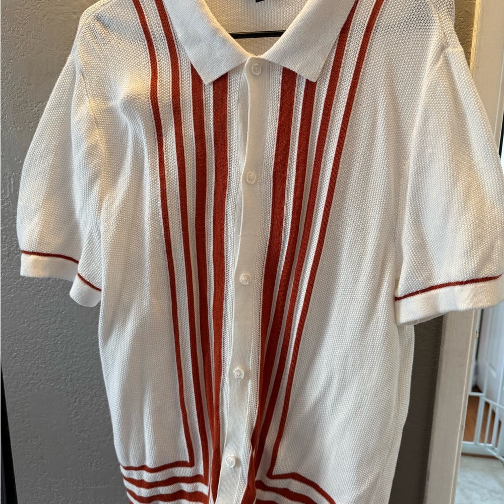 White and Red Striped Button-Up Shirt